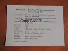 Certyfikat paszport medalowy 1989 Neubrandenburg Mirow VIII. Wystawa monet H.König