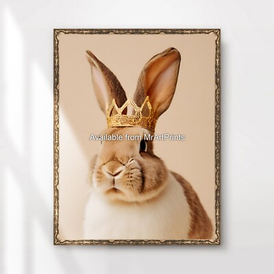 Bunny Rabbit Royal Crown Art Print Poster Wall Picture Funny Quirky Glam Gold