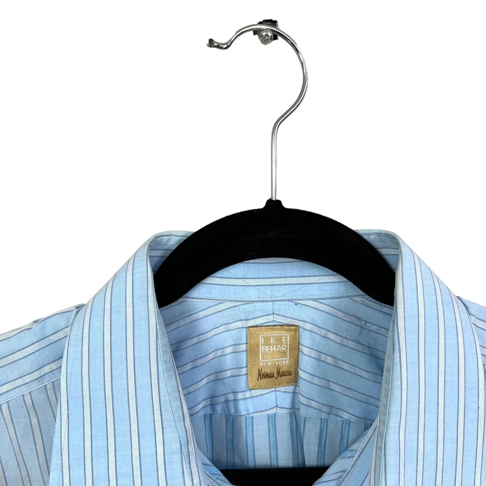 Camisa masculina Ike Behar Neiman Marcus listrada manga longa azul tamanho G 16,5 pol - Imagem 3 de 4