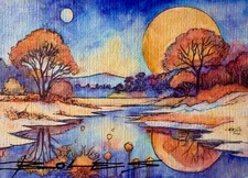 ORIGINAL Hand Painted Pen and Watercolor (ACEO) Moon in Mirror Lake