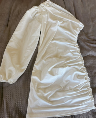 SHEIN White Satin Mini Dress One Shoulder Ruched Long Sleeve XS