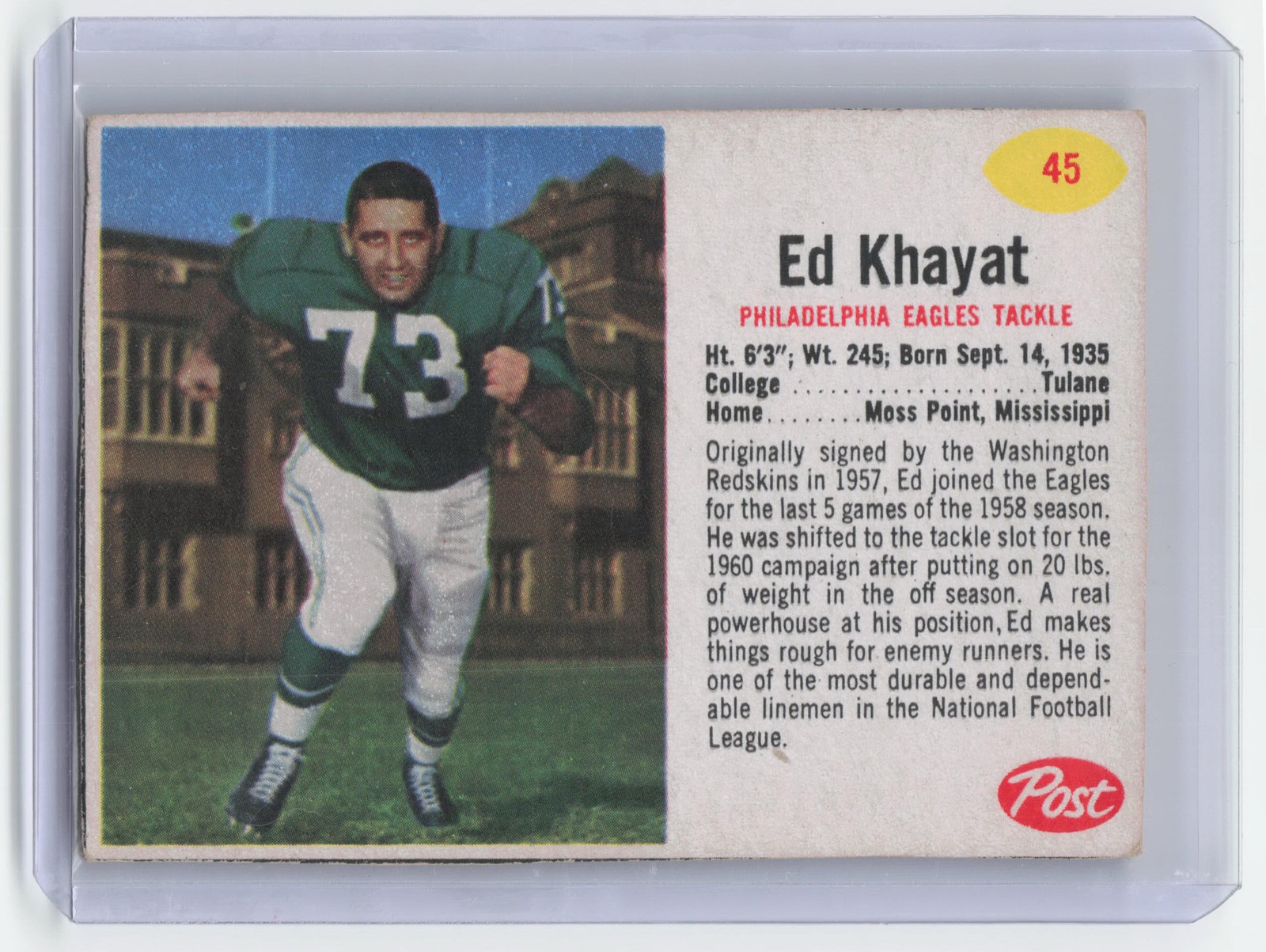 Ed Khayat #45 Football Cards 1962 Post Cereal trading card — raw and PSA graded price guide