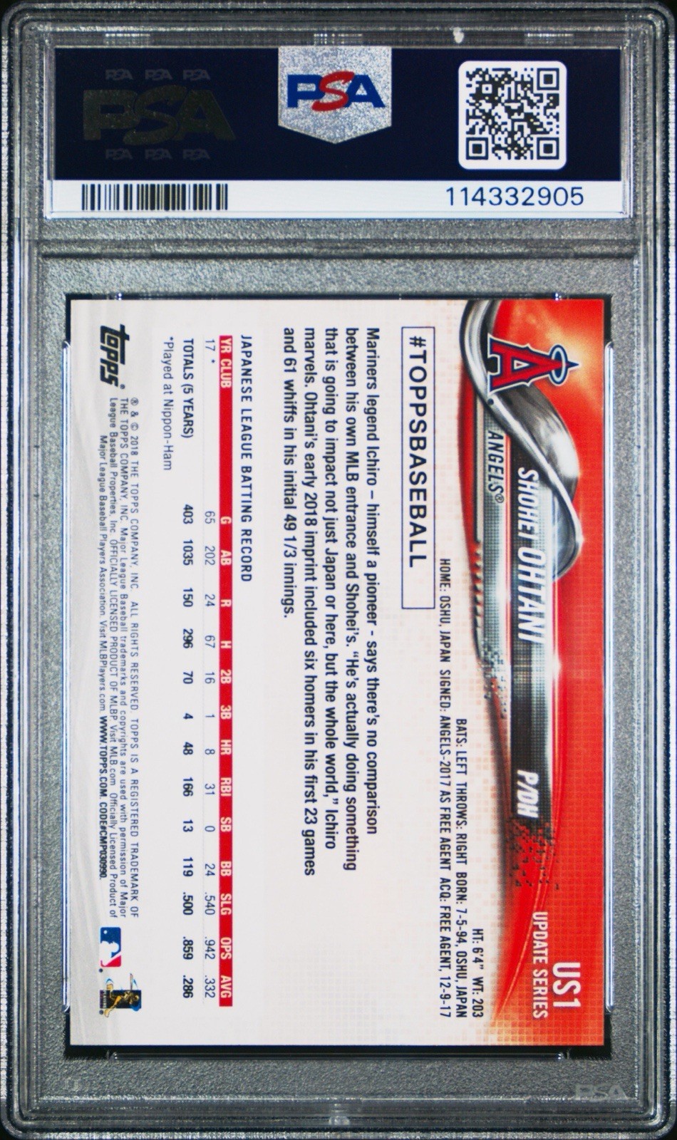 2018 Topps Update Baseball Shohei Ohtani Pitching Red Jersey (RC) #US1 PSA 10 view 2
