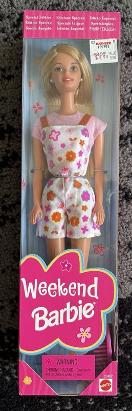 MATTEL 1998 WEEKEND BARBIE DOLL BLONDE HAIR PINK FLORAL ROMPER NIB