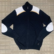 Ben Sherman Mens Long Sleeve Medium ZIP SWEATER Lambs Wool Elbow Patch Navy Blue