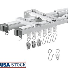 Retractable Curtain Track Set Adjustable Ceiling Wall Mount Pulleys Hooks Clips