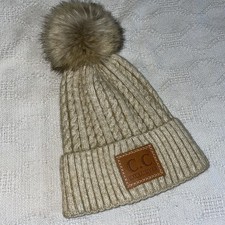 C.C Exclusives Beige Knit Winter Beanie Hat with Faux Fur Pom Pom Ski Style