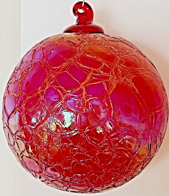 VTG Silvestri Pink Red Crackle Blown Glass 4" Ornament Iridescent Handcrafted