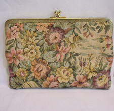 Vtg. Floral Tapestry, Kiss Lock Gold Tone Frame, Cosmetic /Accessory Clutch Bag