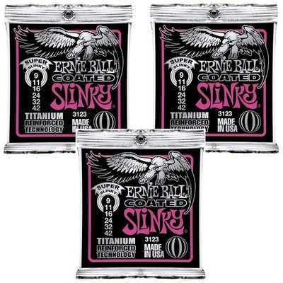 3 Pack Ernie Ball 3123 Coated Super Slinky Titanium Electric Guitar Strings 9-42