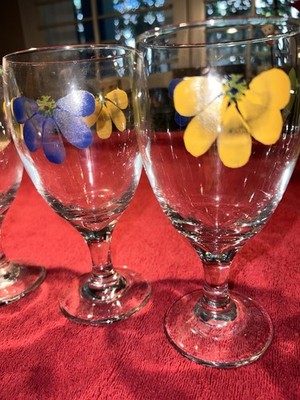 4 MAXAM RARE VINTAGE Italy Libbey Hand Painted Italian New Daisy Goblets 7'' 8oz.