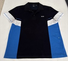 Hugo Boss Blue And Black Color block Polo Shirt Pima Cotton Regular Fit Size XL