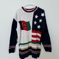 Vintage 90s American Flag Patriotic Sweater Nautical Medium Red White Blue