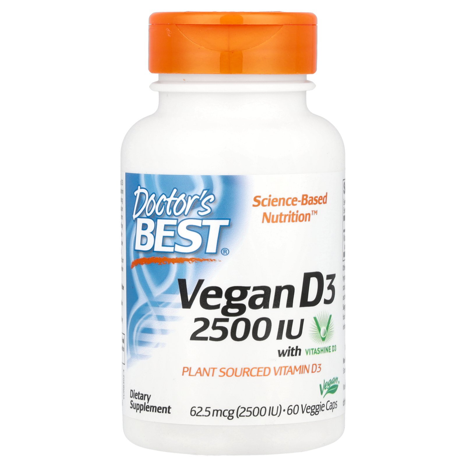 Doctors Best, Vegan D3 с витамином D3, 2500 МЕ, 60 капсул для вегетарианцев, Веганский