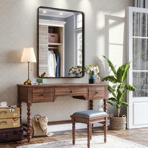 Metal Framed Rectangle Mirror Wall Mounted Bathroom Vanity Mirror Black & Golden - Picture 11 of 23
