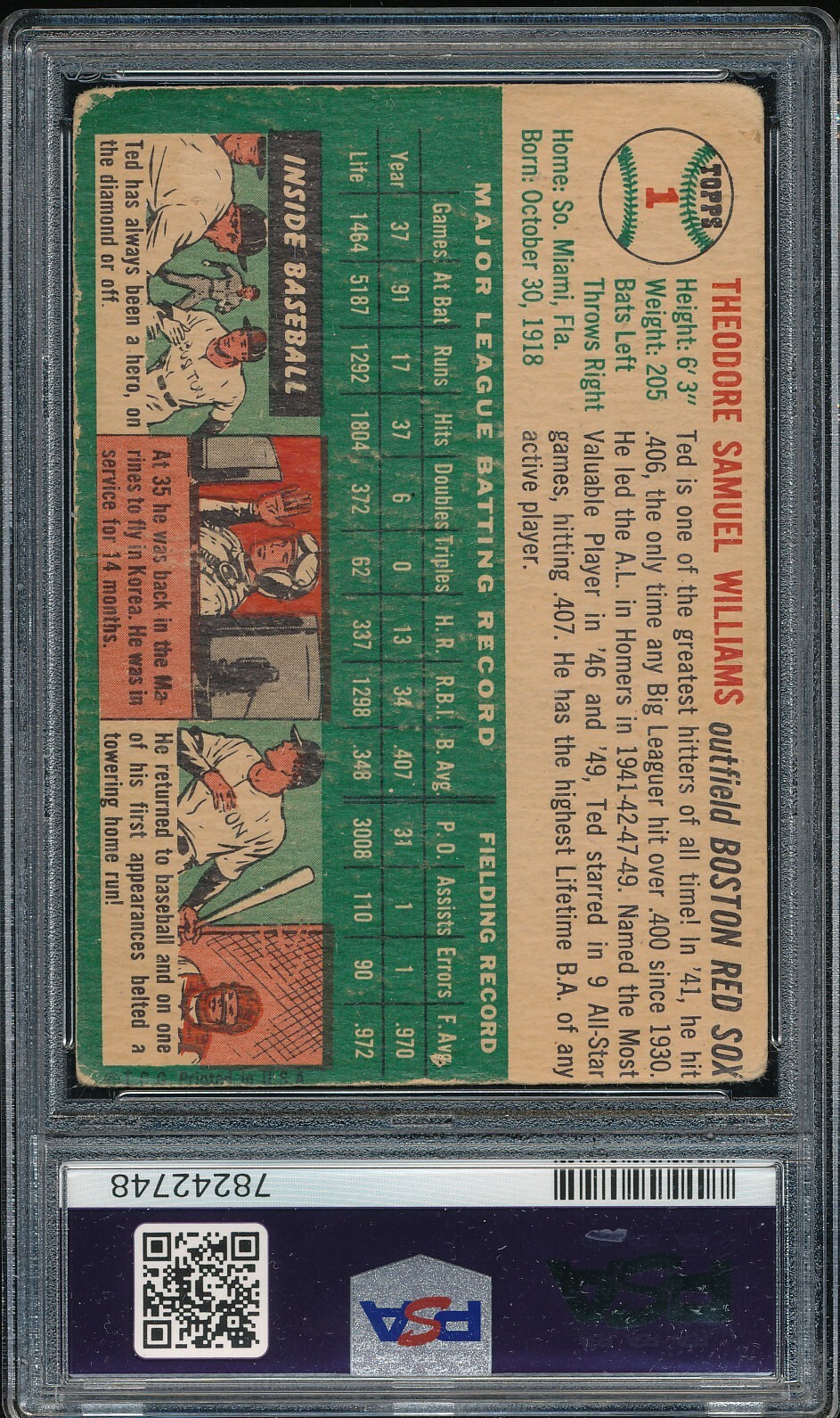 PSA 1 TED WILLIAMS HOF 1954 TOPPS #1 GRADED POOR w/DECENT EYE APPEAL *TPHLC-2748 view 2