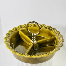 Divided Relish Tray MCM gold tone handle#267 Calif Pottery spiral border avocado