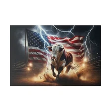 Bull & USA American Flag - Matte Canvas, Stretched Ready to Hang, Cow Cattle Art