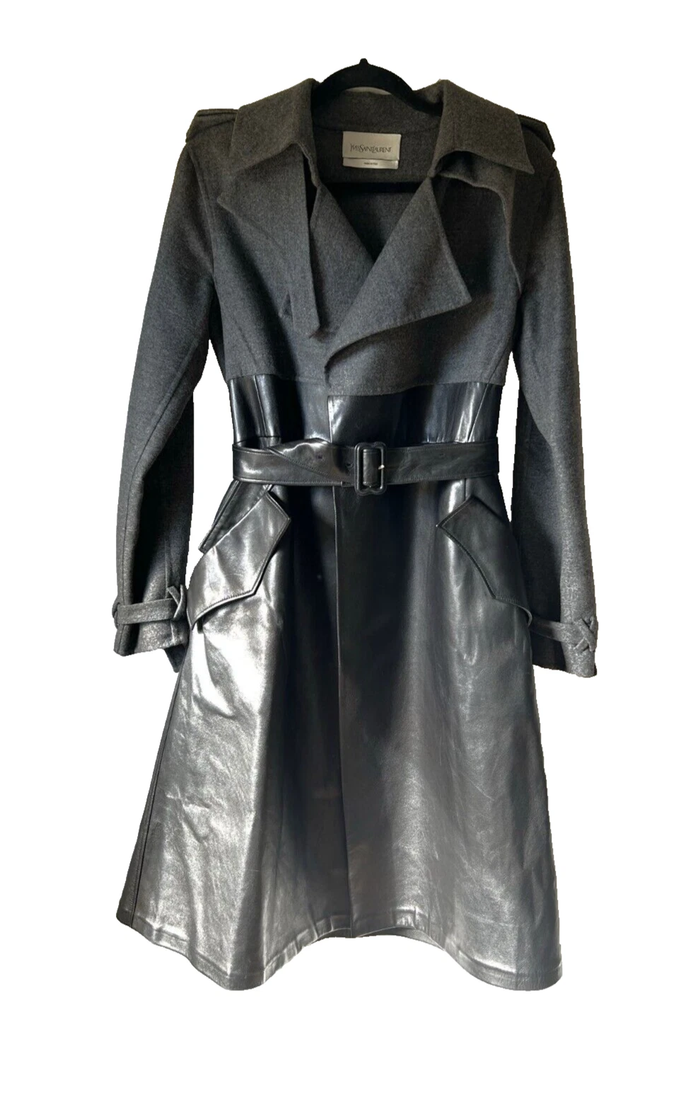 SAINT LAURENT (YSL) YSL Yves Saint Laurent Giacca cappotto cintura aperta in pelle nera e lana vergine 38