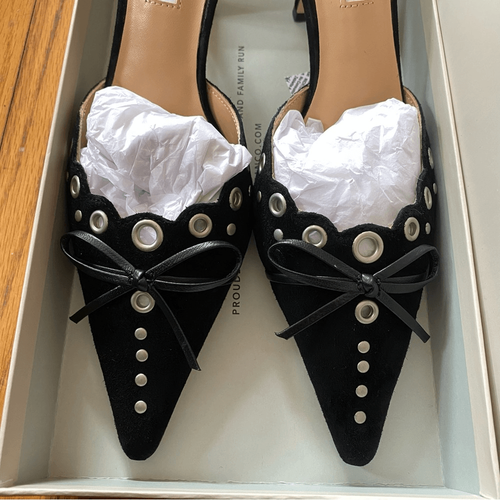 Tony Bianco Shae Mules Zapatos Negro Gamuza Ojal Tacones Altos Revolve Talla 7 - Imagen 10 de 11
