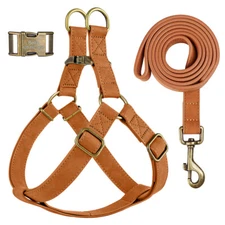 Custom PU Leather Step In Harness &Leash set ID Name Phone Engraved for Pets S M