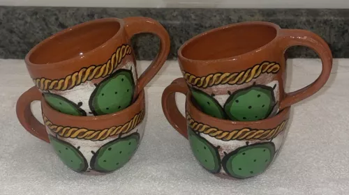 Set Of 4 Art Pottery Terracotta Mugs Southwestern Style Cactus & Rope