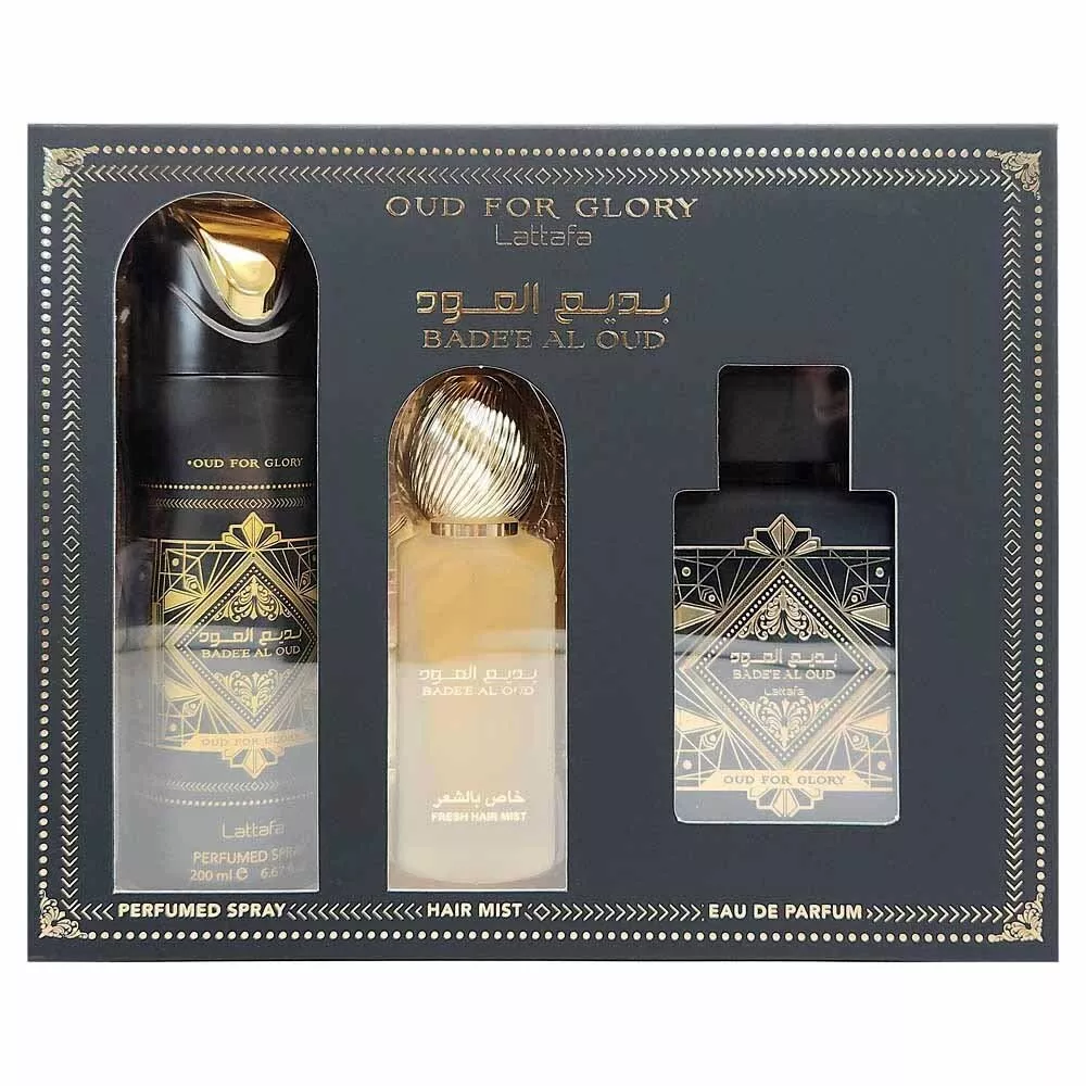 Lattafa Bade'e Al Oud 3pc 3.4oz EDP Spray + 1.7oz Hair Mist + 6.7