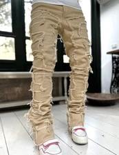 Men Stacked Jeans Ripped Slim Fit Jeans Destroyed Straight Skinny Denim Pants