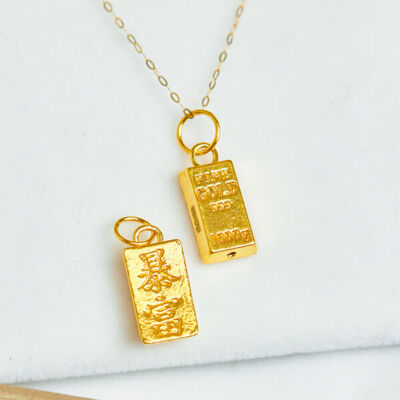 1PCS Real 24K Yellow Gold 3D Gold Bar Pendant 18K Yellow Gold O Chain  Necklace