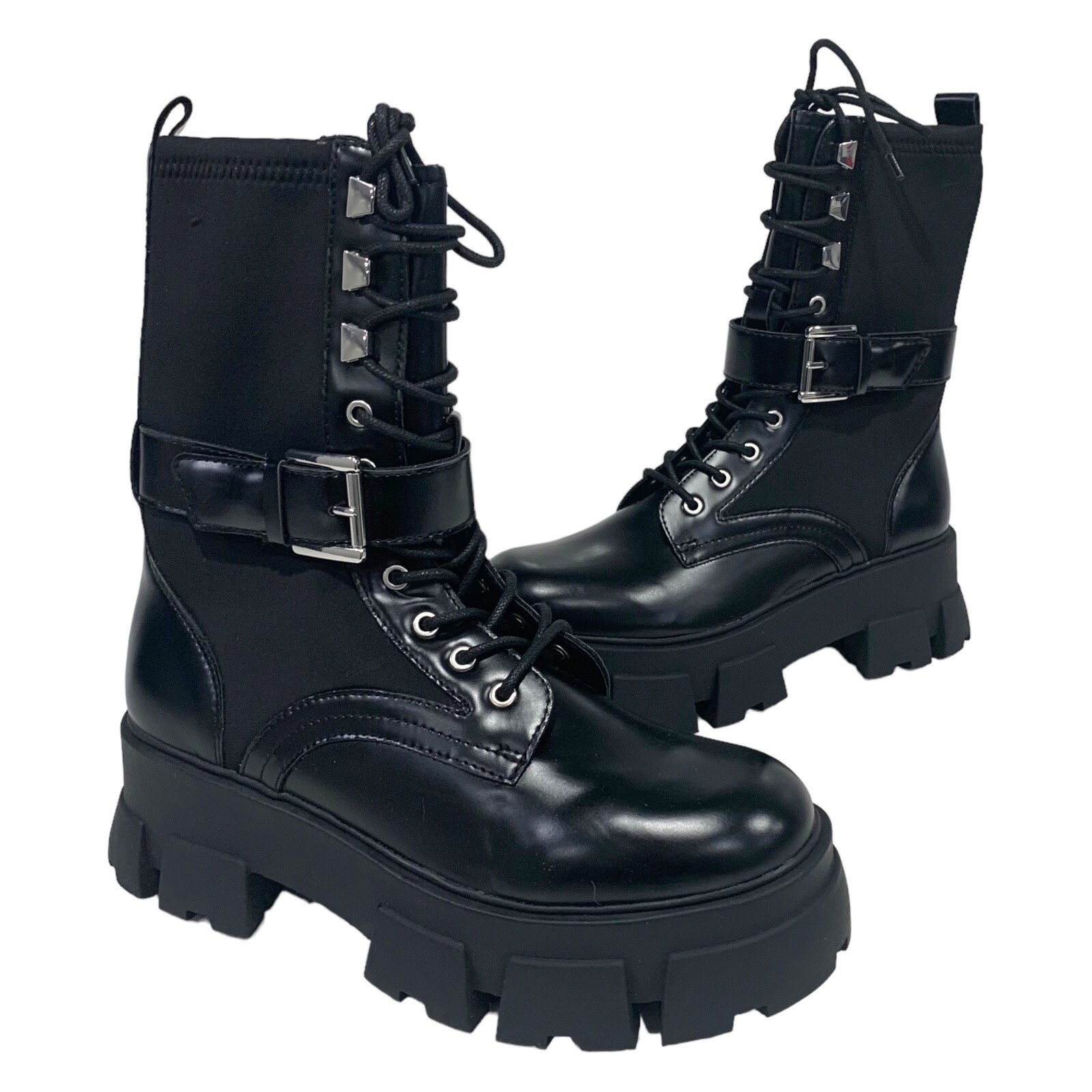 SAOLA Aldo Stivali da combattimento Grandleap neri vegan in pelle con lacci suola a strappo grossa 7 5