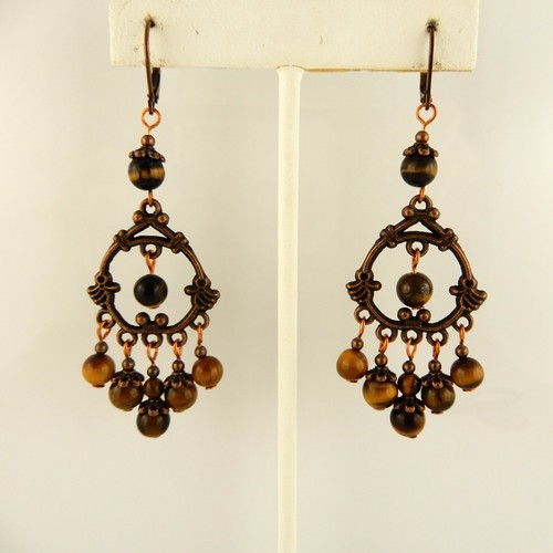 Boho Copper gemstone chandelier earrings, Malachite, Tiger Eye or Chrsocolla - Picture 6 of 13