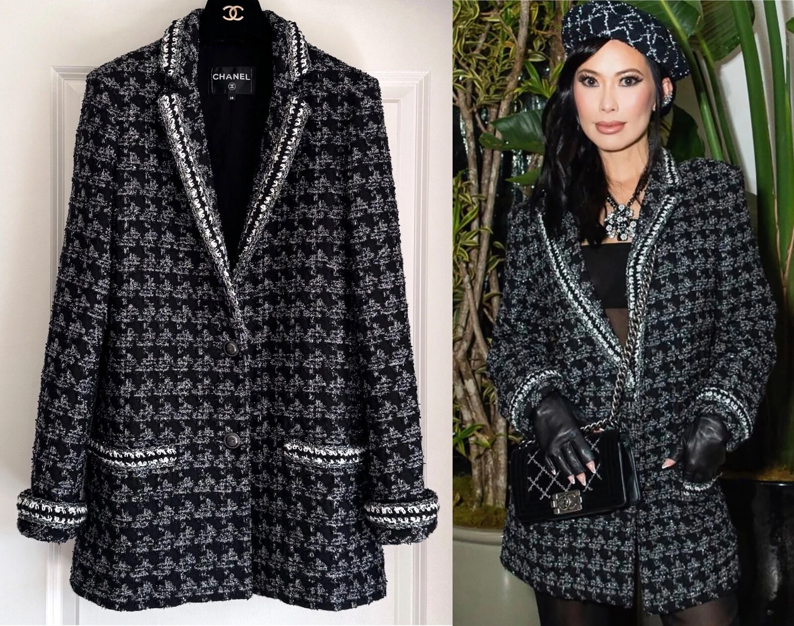 GIACCA 17B GABRIELLE CHANEL NERO ARGENTO BIANCO PIED DE POULE TWEED CC BOTTONI 38