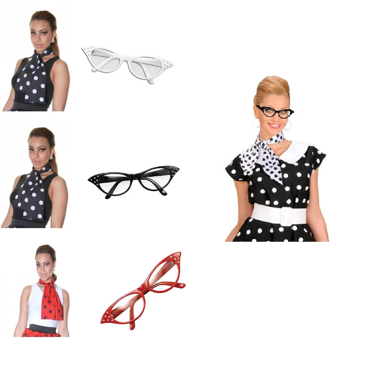 Womens Girls 1950 s Rock n Roll Retro Scarf Glasses Fancy Dress