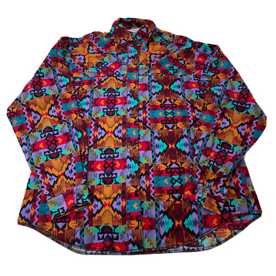 Vintage H Bar C California Ranchwear Western Aztec Button Down Shirt Mens  14 3/8