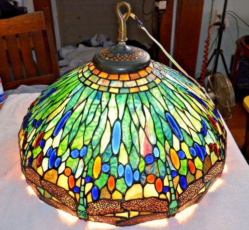 STUNNING VINTAGE Tiffany Style Stained Glass Dragonfly Hanging Lamp 22.5" - Picture 7 of 12
