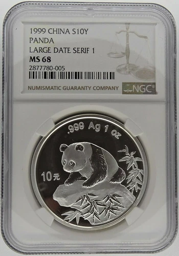 1999 Large Date Serif 1 China Panda S10Y Silver 10 Yuan NGC MS 68 ex Littleton 
