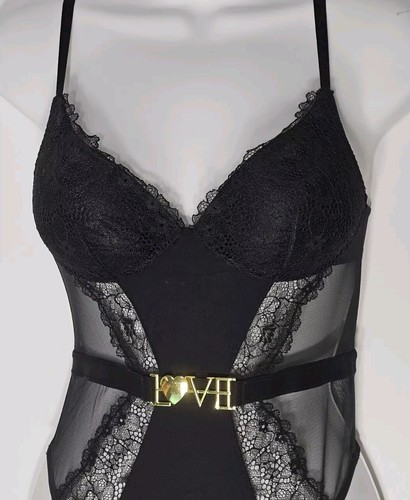 Victoria Secret Womens Bodysuit Size XS Black Love Lace Belted Teddy NWT - Picture 3 of 15