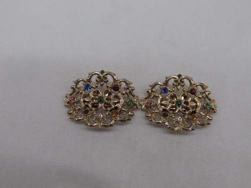 Musi Gold Toned Multi Colored & Vaseline Rhinestone Shoe Clips 1.5 x 2" #45w