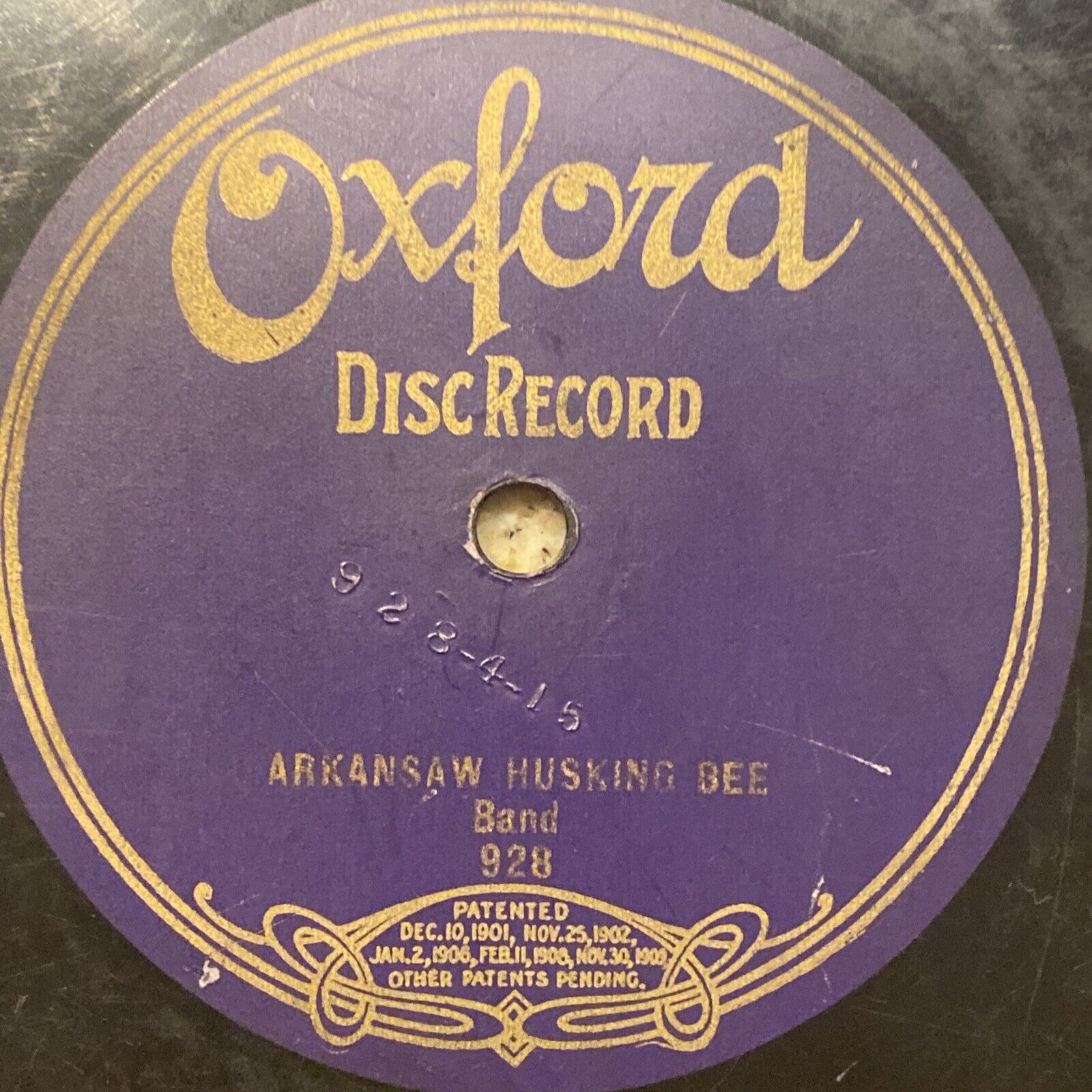 Columbia Band 78 rpm OXFORD 928 ARKANSAS HUSKING BEE 1909 V+