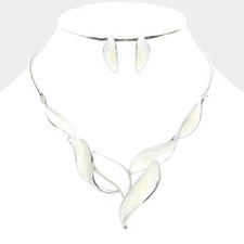Pierced silver and white leaf necklace and earring set