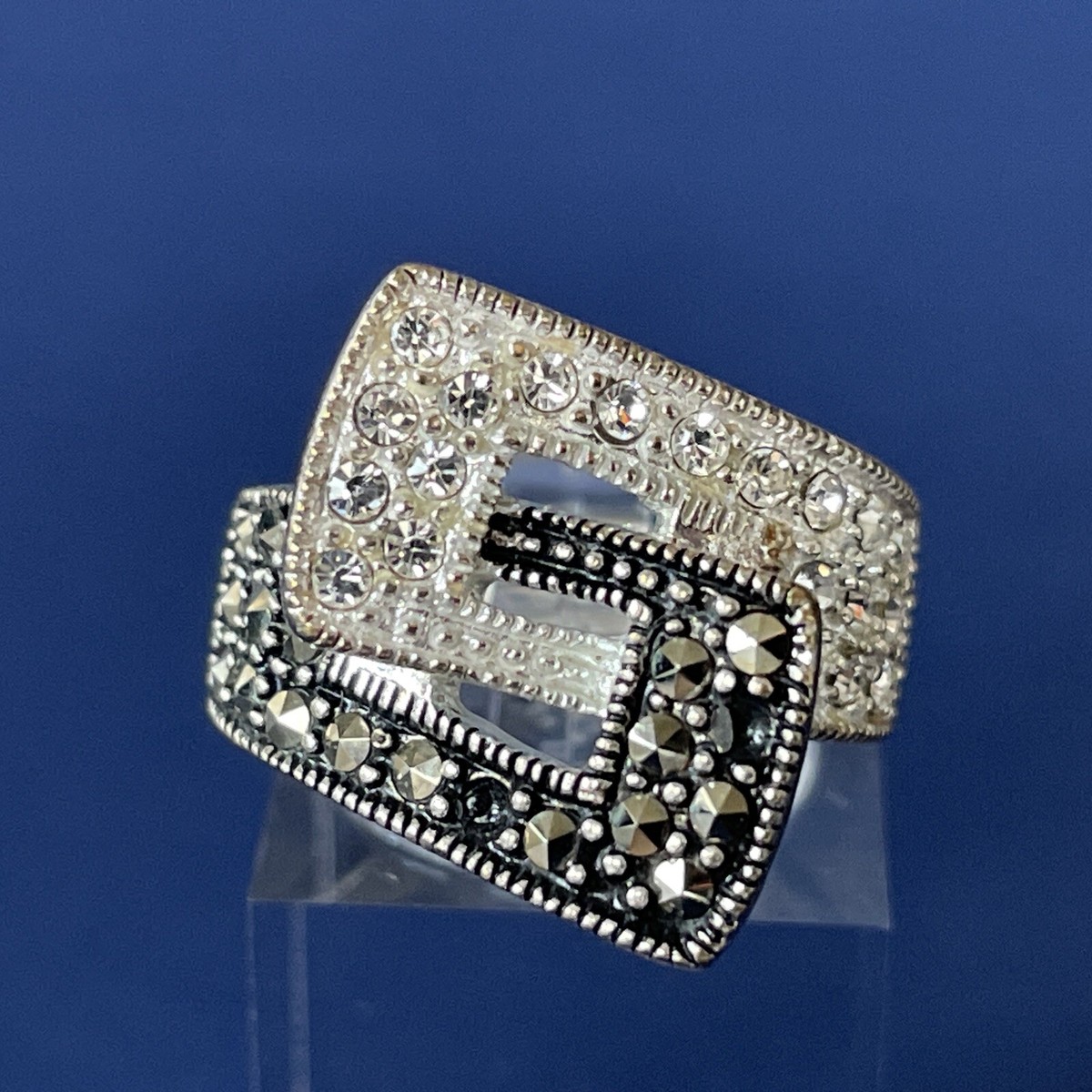 Silver Tone Black & White Belt Buckle Ring with CZs - Size  display picture 1