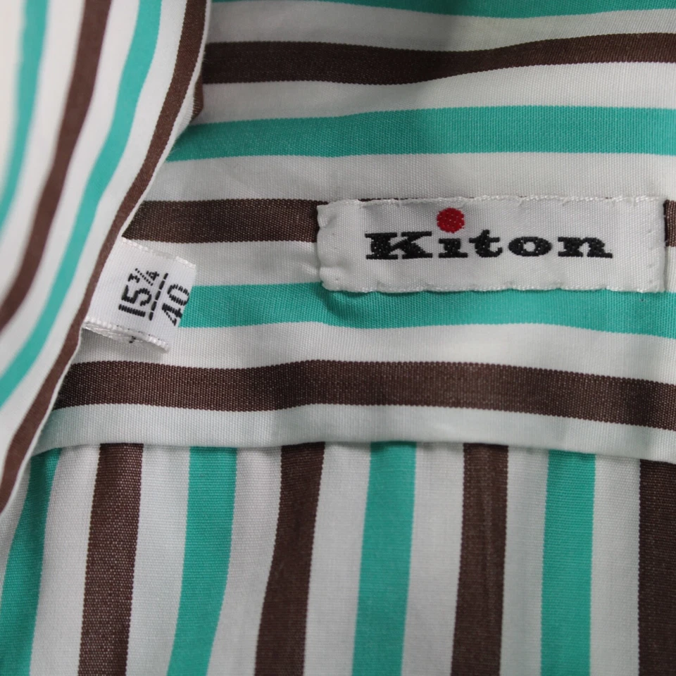 Camicia elegante Kiton nuova con etichetta taglia 15,75 40 marrone acqua con righe bianche 100% cotone - Immagine 2 di 4