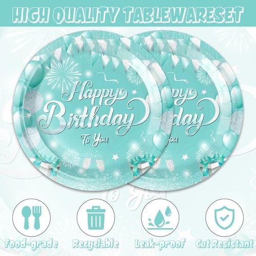 40pcs Teal And Silver Birthday Party Supplies Happy Birthday Party Tableware Set - Picture 3 of 7
