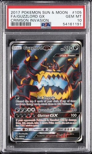 2017 POKEMON SUN & MOON CRIMSON INVASION #105 FULL ART/GUZZLORD GX PSA 10