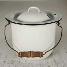 Vintage Enamelware Chamber Pot Bucket White Enamel Bail Handle Wood Grip 10 Inch