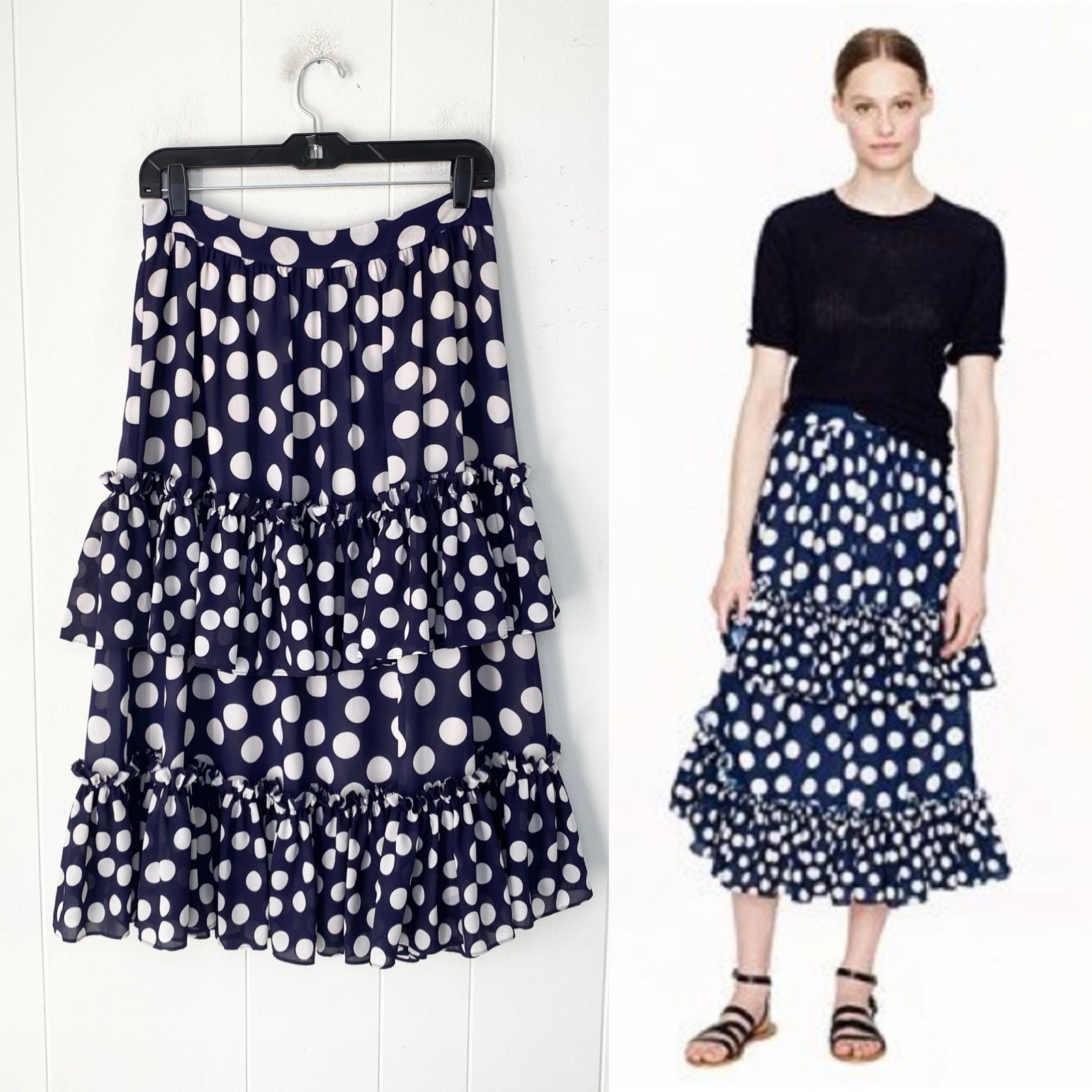 J. Crew Juan Carlos Obando Maxi skirt Navy Blue   White Polka Dot Size 4 Preppy