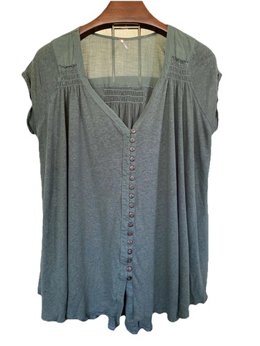 Free People Oversized Highland Tee T-Shirt Button Front Army Green Medium