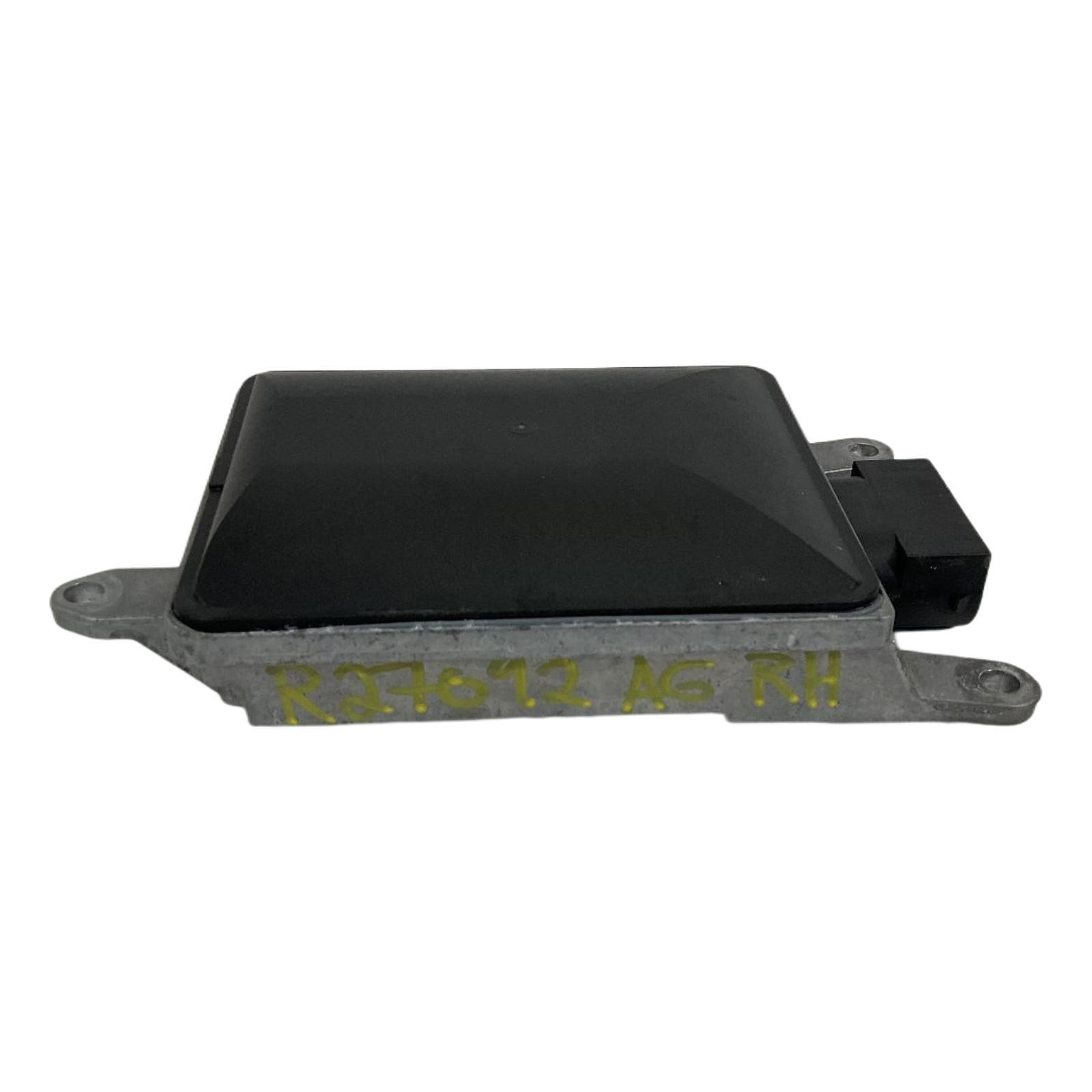 Black rectangular Porsche Macan right passenger blind spot radar module with visible wiring and yellow text “8T0907568B.”