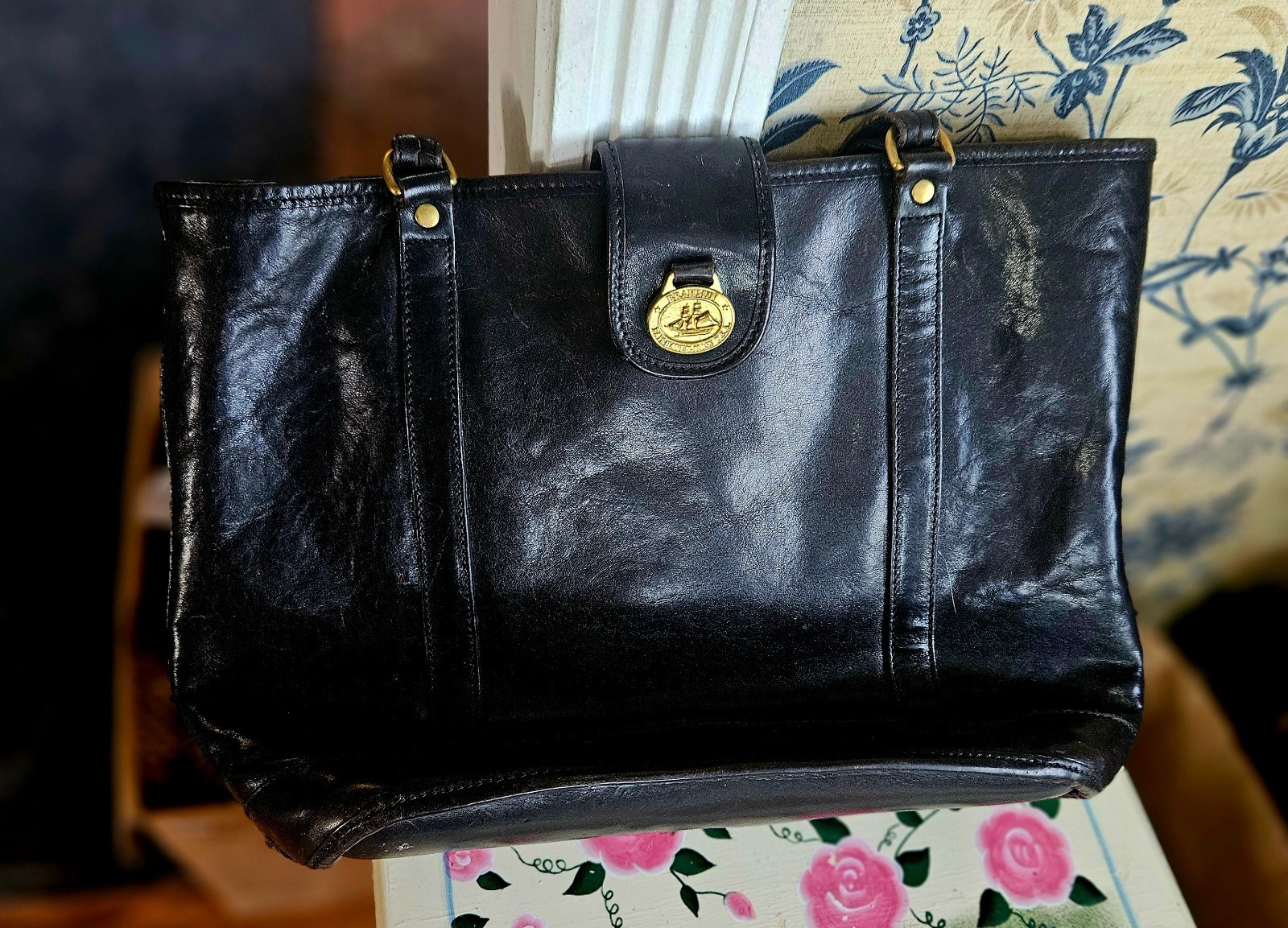 Vintage Brahmin Black Leather Shoulder Bag with Gold Hardware