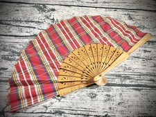 1 Folding Hand Held Wooden Cloth Plaid Fan Asian Fan